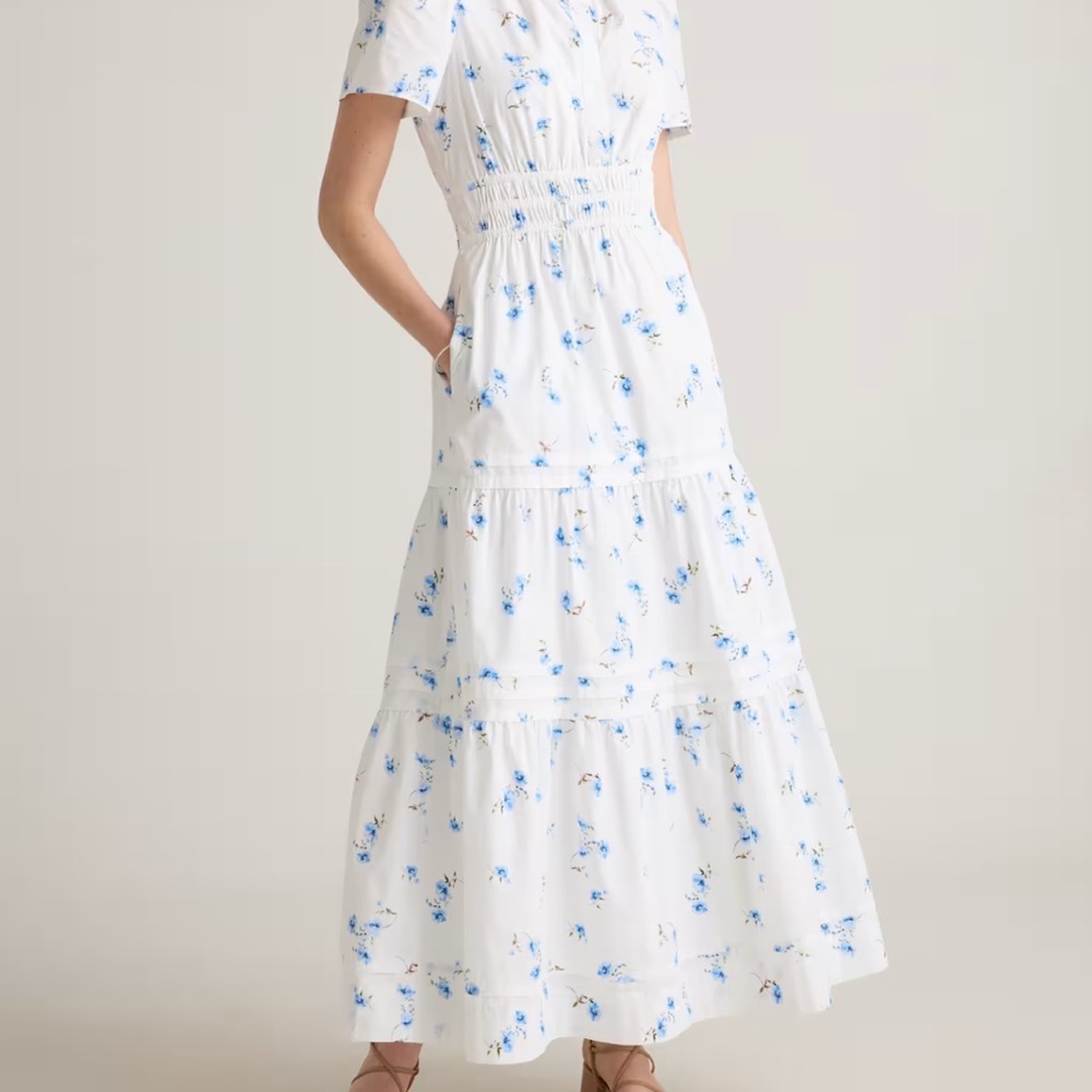 Quince White Maxi Dress with Blue Floral Motif